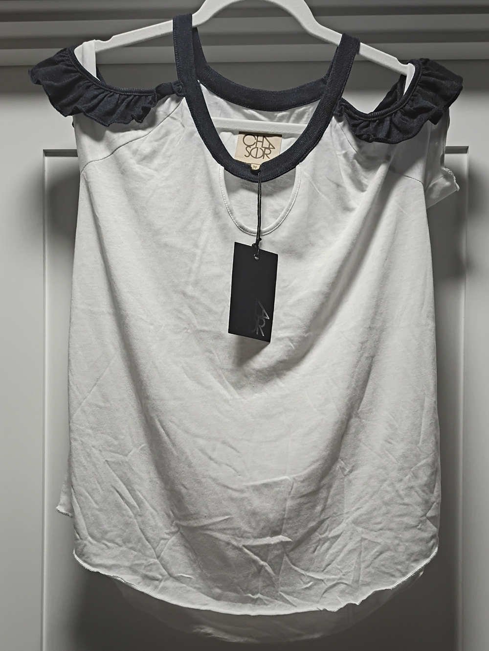 Chaser White Tank Top with Blue Ruffle Cold-Shoulder Trim